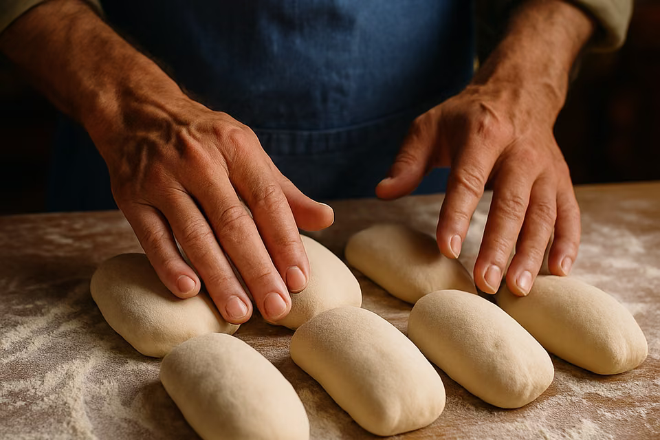 Hands rolling bagel dough on a floured table