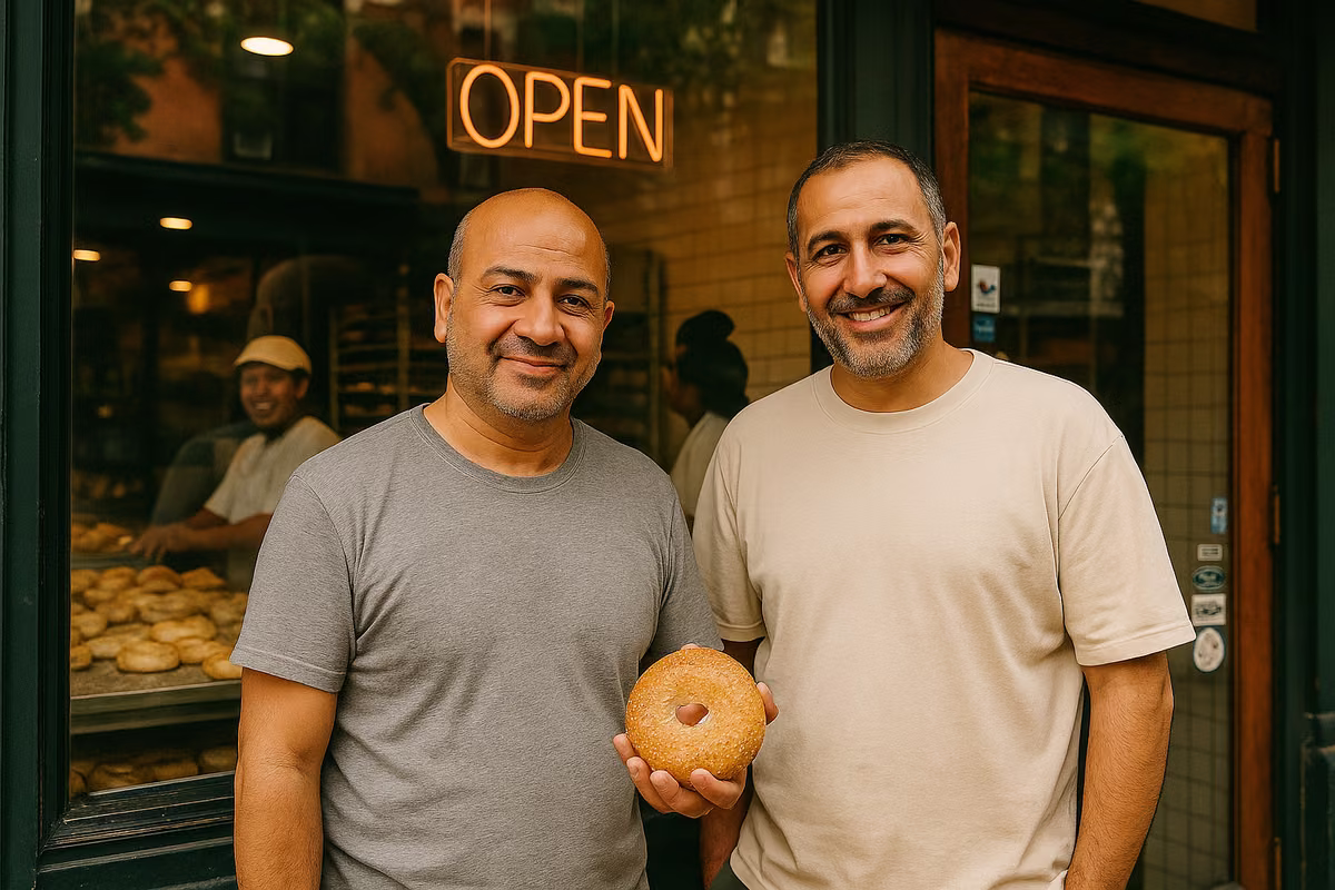 Ali and Qasim outside Halo Bagels Café