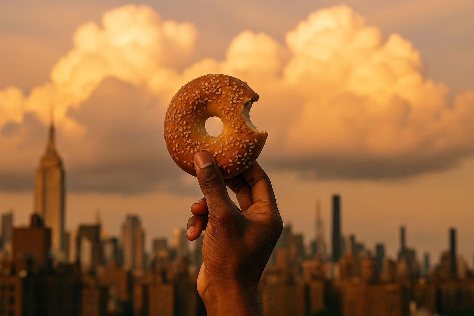 A hand holds a bitten sesame bagel over the New York skyline at sunset
